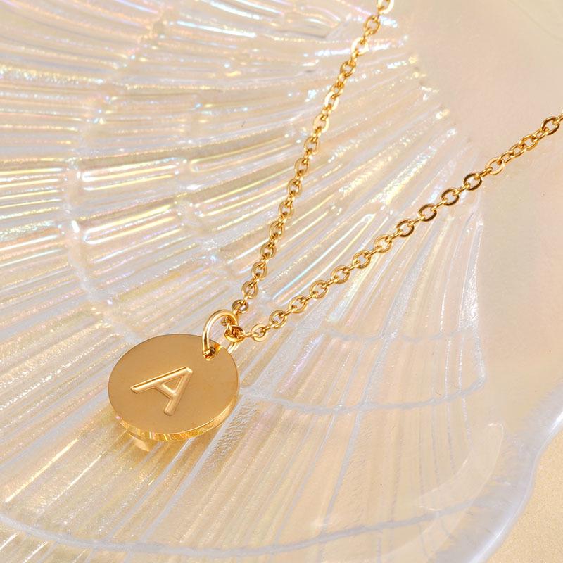 18K Gold Stainless Steel Minimalist Letter Necklace with 26 Round Pendant Options
