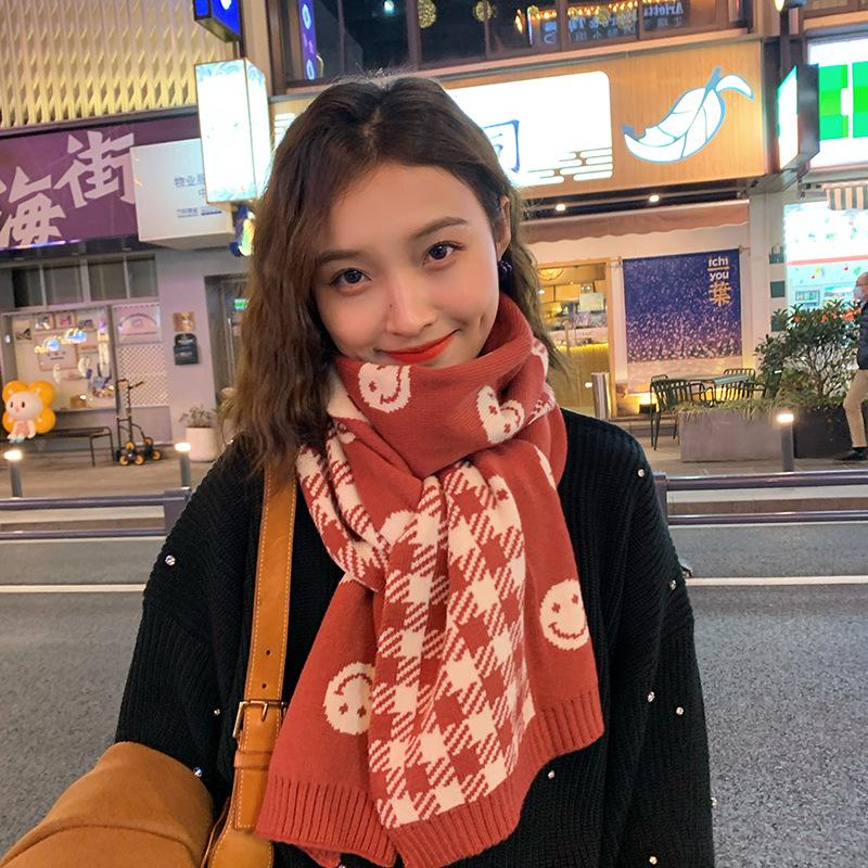 Smiling Plaid Scarf for Women in Autumn and Winter Korean Style Versatile Cute Soft Girl Girl Winter Knitted Woolen Scarf To Keep Warm