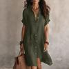 2026 European and American new shirt skirt fashionable and casual solid color short-sleeved button medium and long dress