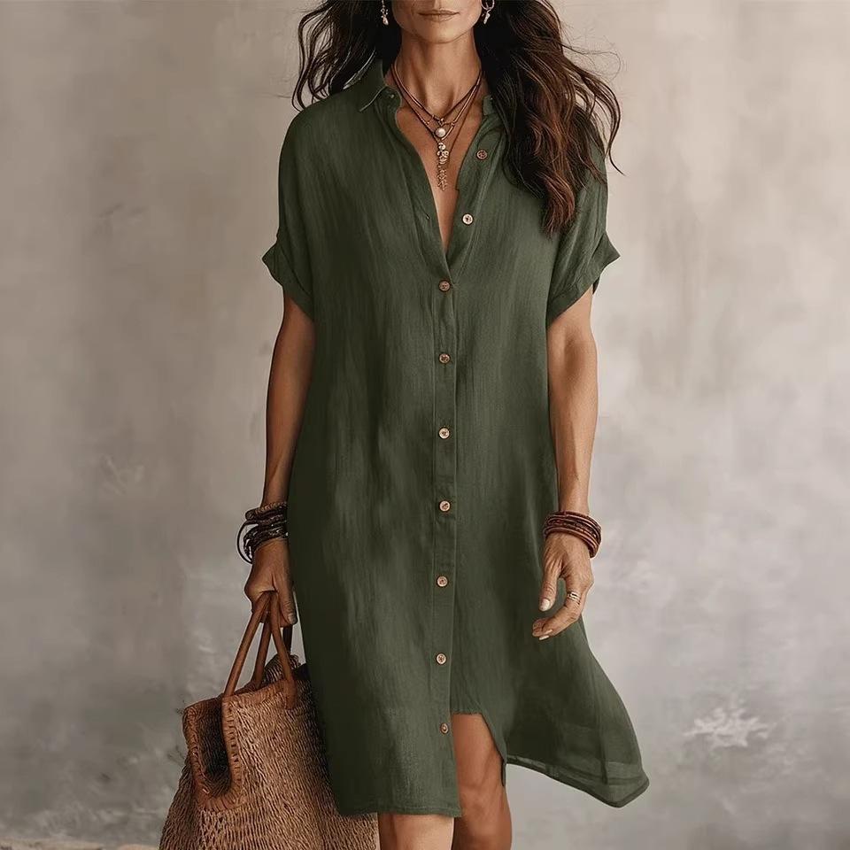 2026 European and American new shirt skirt fashionable and casual solid color short-sleeved button medium and long dress