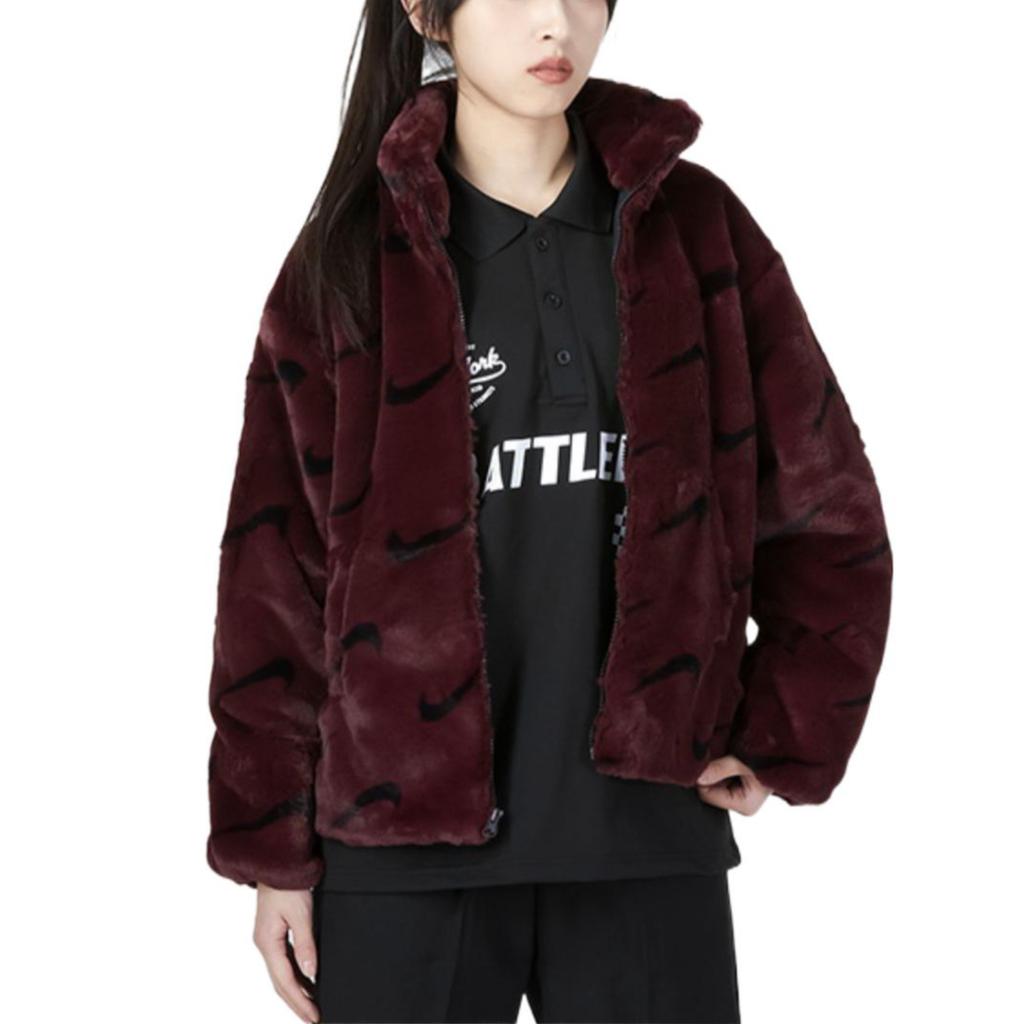 Nike Womens Printed Faux Fur Jacket (Asia Sizing) Burgundy Crush Women Streetwear DQ6843-652