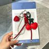 Y2K Faux Leather Rope Red Pink Cherry Keyring Red Heart Pearl Ribbon Bag Key Chain Charm Pendant Women Trendy Keychain Jewelry