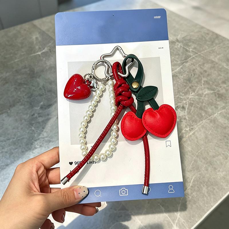 Yogodlns Y2K Faux Leather Rope Red Pink Cherry Keyring Red Heart Pearl Ribbon Bag Key Chain Charm Pendant Women Trendy Keychain Jewelry