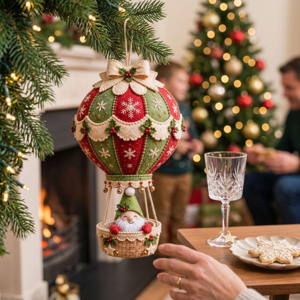 Vintage Christmas Hot Air Balloon Kit with Bell Bow Snowman Santa Balloon Hanging Decor Handmade Hand-Sewn Xmas Tree Pendant Kit