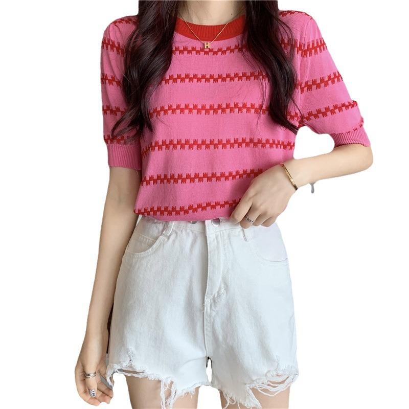 Sommer Locker Dünner Pullover Gestreift Rundhals Kurzarm Strickshirt Dünne Oberteile Damen Lässig Essentiell Komfort und Stil Slim Fit Pullover T-Shirts