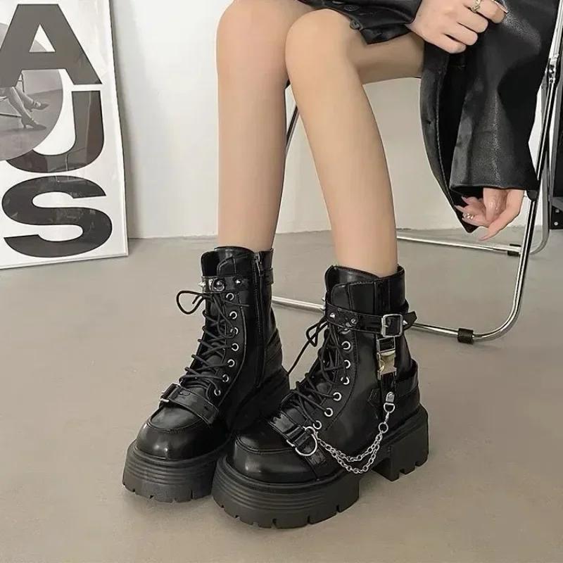 2025 New Women's Boots Gothic Ladies Shoes Rivet Chain Design Short Boots Fashion Lady Rock Boots Metal Decor Punk Women Shoes