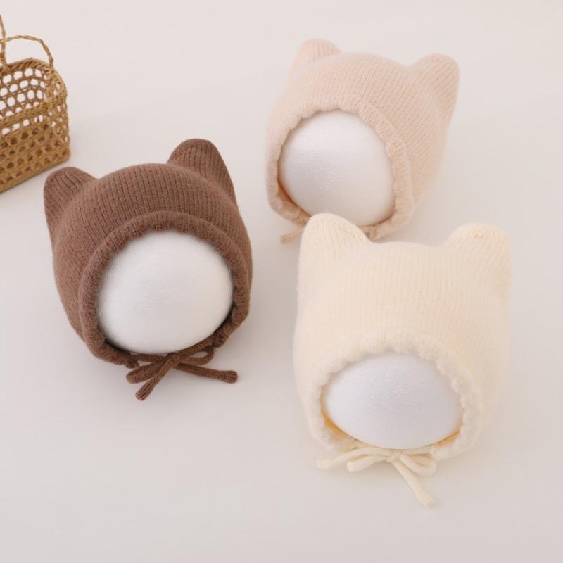 Vinter Tegneserie Baby Strikkelue Ensfarvet Varm Ørebeskyttelseslue for Spedbarn Bonnet Småbarn Barn Gutt Jente Beanie Luer