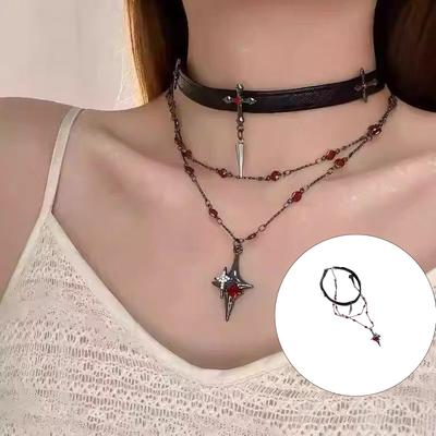 Two Tiers Gothic Crosses Pendant Necklace and Matching Leather Chokers for Unique Styles