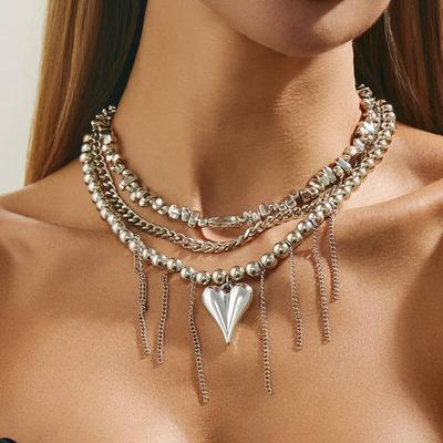 Salircon Trendy Elegant Love Heart Tassel Pendant Choker Necklace Women New Exquisite Metal Beaded Chain Wedding Party Jewelry