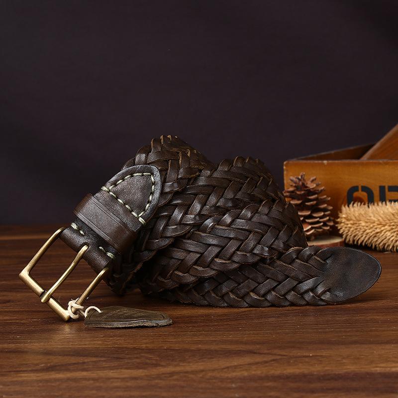 New Handwoven Polished Vegetable Tanned First Layer Cowhide Woven Leather Belt Men'S Casual Jeans Belt Women'S