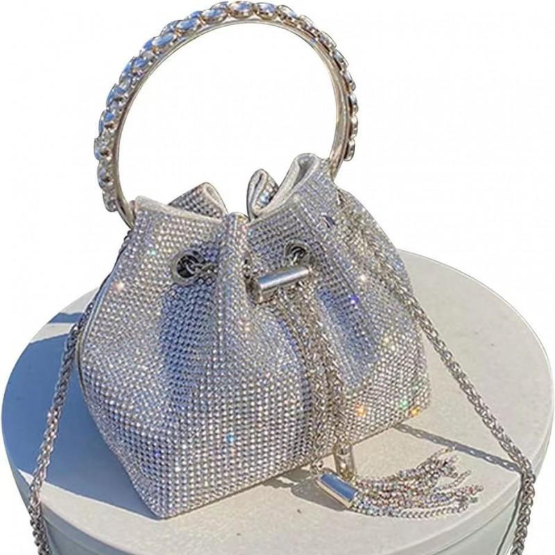 Sparkling Rhinestone Tassel Crossbody Handbag Women - Small Square Bucket Bag With Drawstring