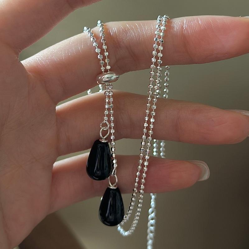 S925 Sterling Silver Niche Design Sense Retro Water Drop Agate Necklace Korean Style Fashion Personalized Sweater Chain