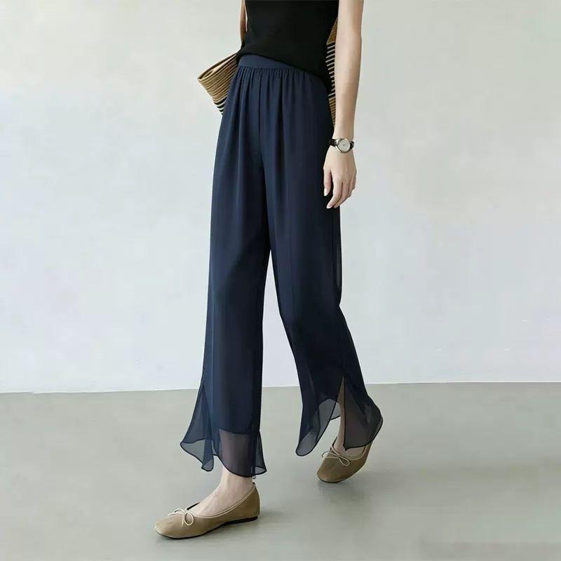 Women Elastic Waist Chiffon Flared Cropped Pants Split Ruffle Hem Sheer Wide Leg Capri Trousers Lightweight Summer Office Casual Flow Pants