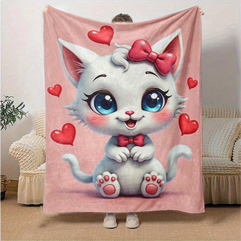 1pc Cute Cartoon Cat with Bowknot Heart-Shaped Decorative Throw Blanket for Home Decoration, Birthday Gift, All Seasons Use, Cartoon Blanket