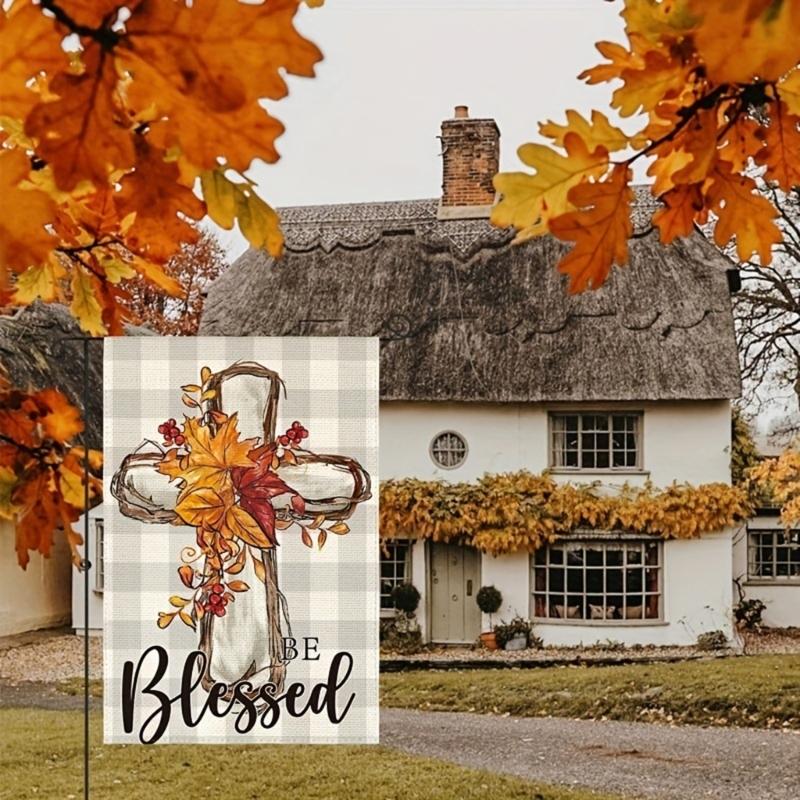 Double Sided Fall Yard Decoration Seasonal Maple Leaf Crosses Garden Flag 12x18 Inch for Thanksgiving Outdoor Display
