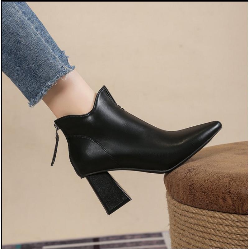 Sexiga Damer Spetsig Tå Höga Klackar Stövlar Skor Kvinnor Blixtlås Bak Svart/vit Läder Ankelstövletter Höst Korta Stövlar Kvinna