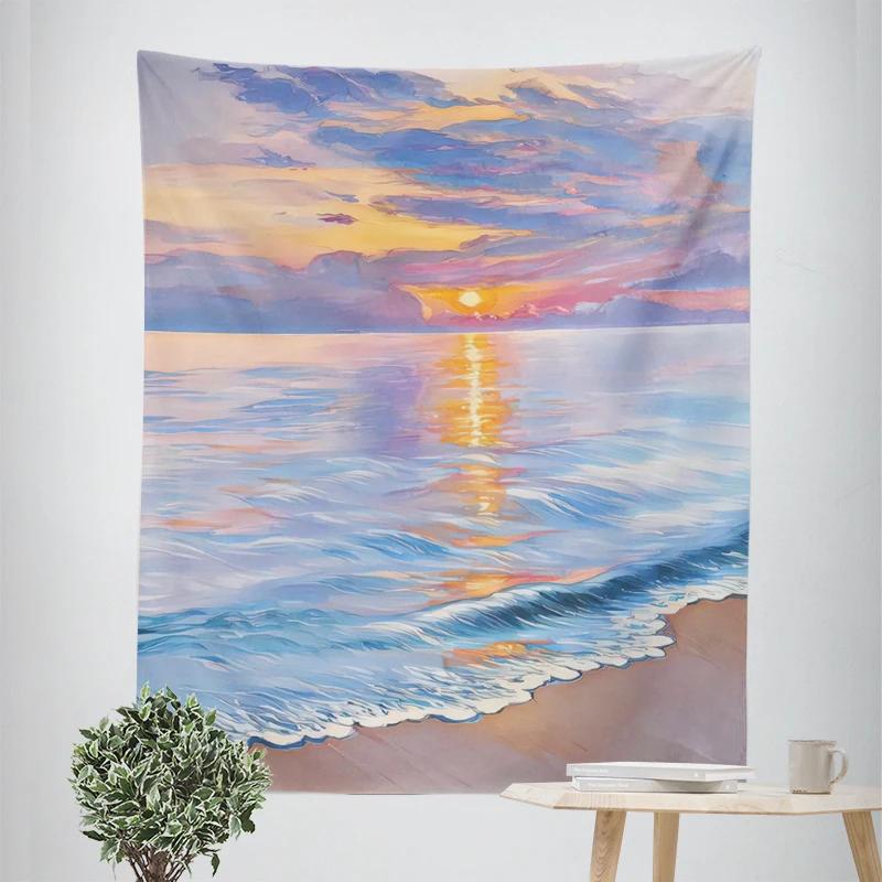 VIKAMA Healing Seaside Sunset Tapestry Bedroom Headboard Balcony Wall Decor Tapestry InstagramStyle Artistic Room Decor