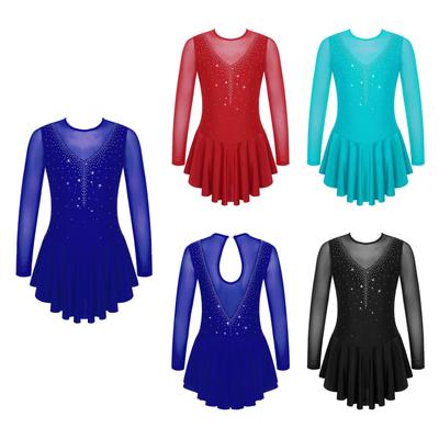 Kids Girls Long Sleeve Shiny Rhinestone Mesh Splice Figure Skating Ballet Dance Gymnastics Leotard Dress Competition Dancewear