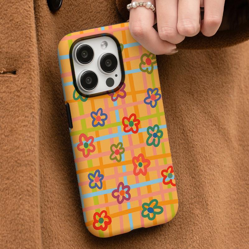 

Yellow Plaid Floral Case for iPhone 17 Pro Max - Cartoon Cute Design, Full Wrap iPhone X/XS