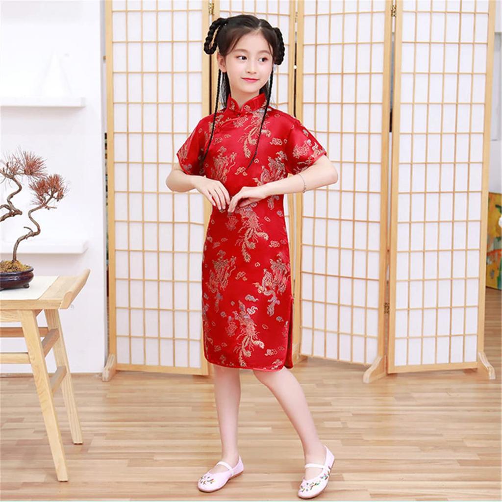 KOUKIDI Children's Long Cheongsam Dress with Embroidered Pattern, Perfect for Costumes, Qipao, Ethnic Dress, Club Dress, Red, 120CM