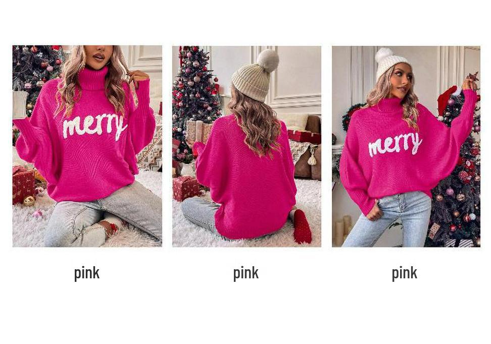 Women's European and American Loose Bat Sleeve Christmas Turtleneck Sweater