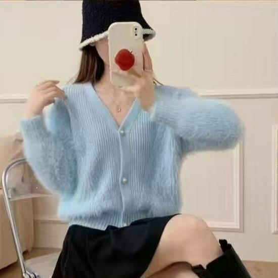 European Faux Mink V-Neck Soft Knit Cardigan Sweater - Plush Loose-Fit for Autumn/Winter