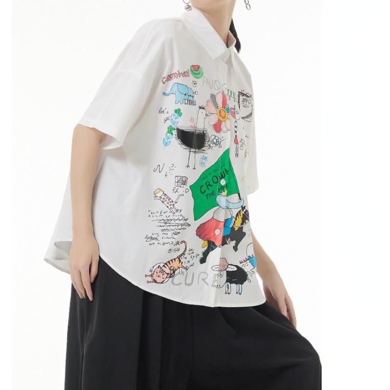 DIMANAF 2024 Plus velikost Nová halenka v letním stylu Vintage Retro design Krátký rukáv Barevný potisk Ležérní košile Ženy Volná košile s potiskem