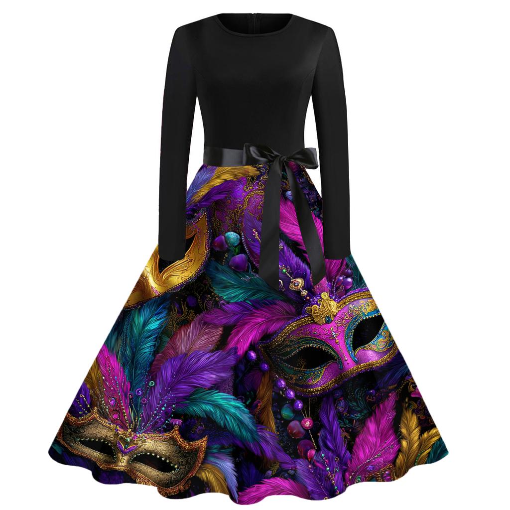 Damen Casual Mode Rundhals Karneval Bedrucktes Vintage Kleid