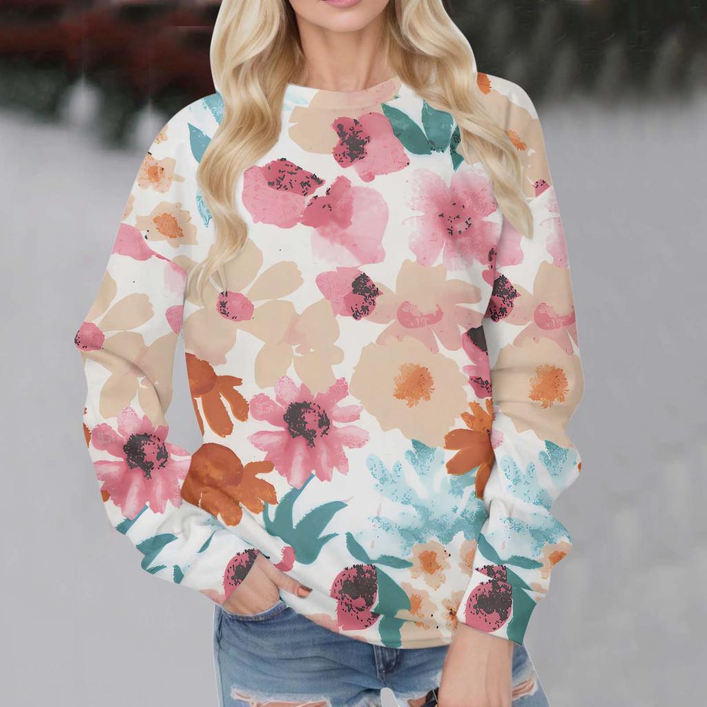 New 2024 Women Hooded Less Pullover Sweatshirt Sports Casual Loose Top Flower Printing Autumn Winter Hoodies Female Streetwear