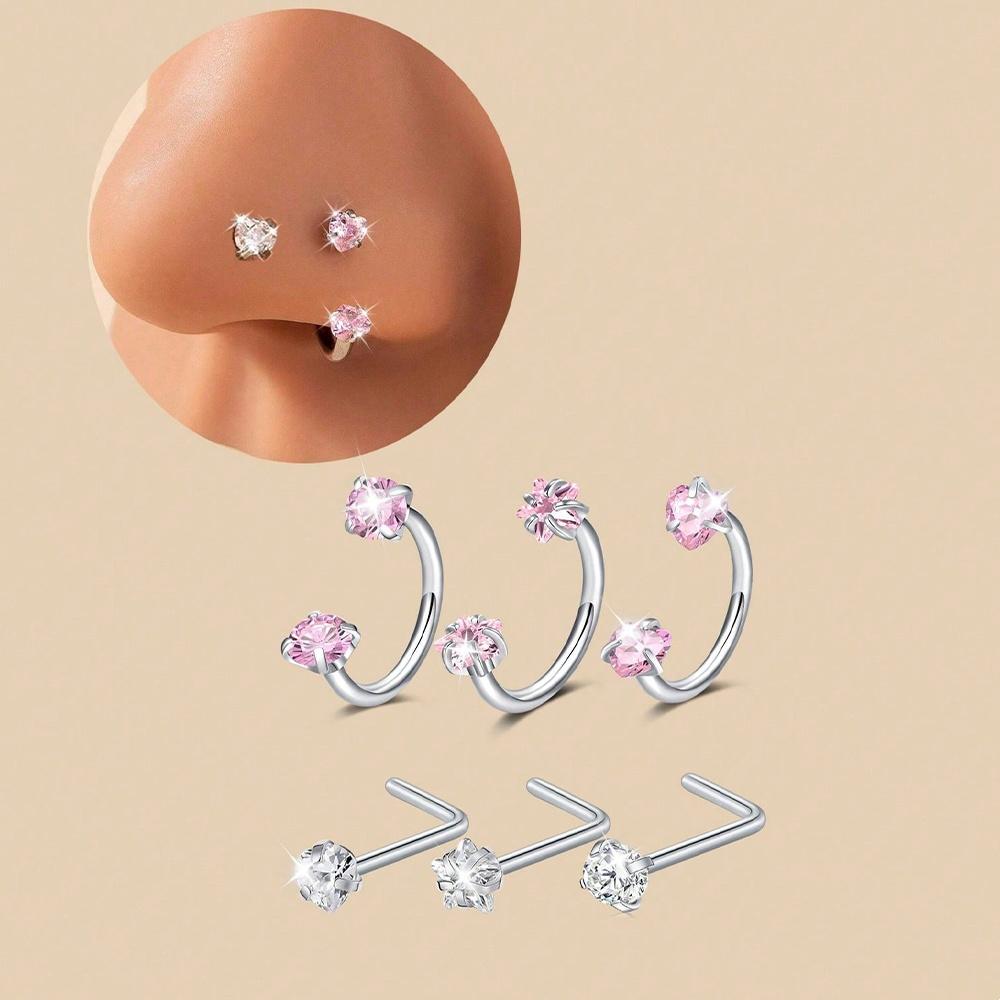 

6/2pcs Horseshoe Nose Rings With L-Shape Nose Stud, Stainless Steel Rianbow CZ Nose Ring,, Lip Eyebrow Helix Ear Piercing 18G 1.0mm&Geometric&Nose Rings & Studs&Face