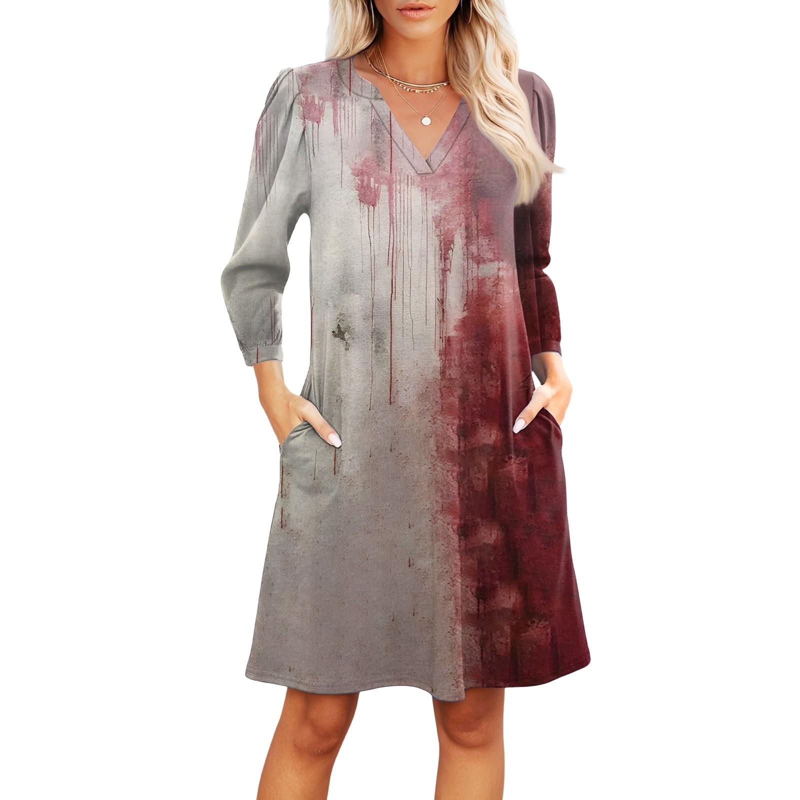 

Женское модное платье с V-образным вырезом, повседневное пляжное платье с рукавами три четверти, платье с принтом на Хэллоуин L