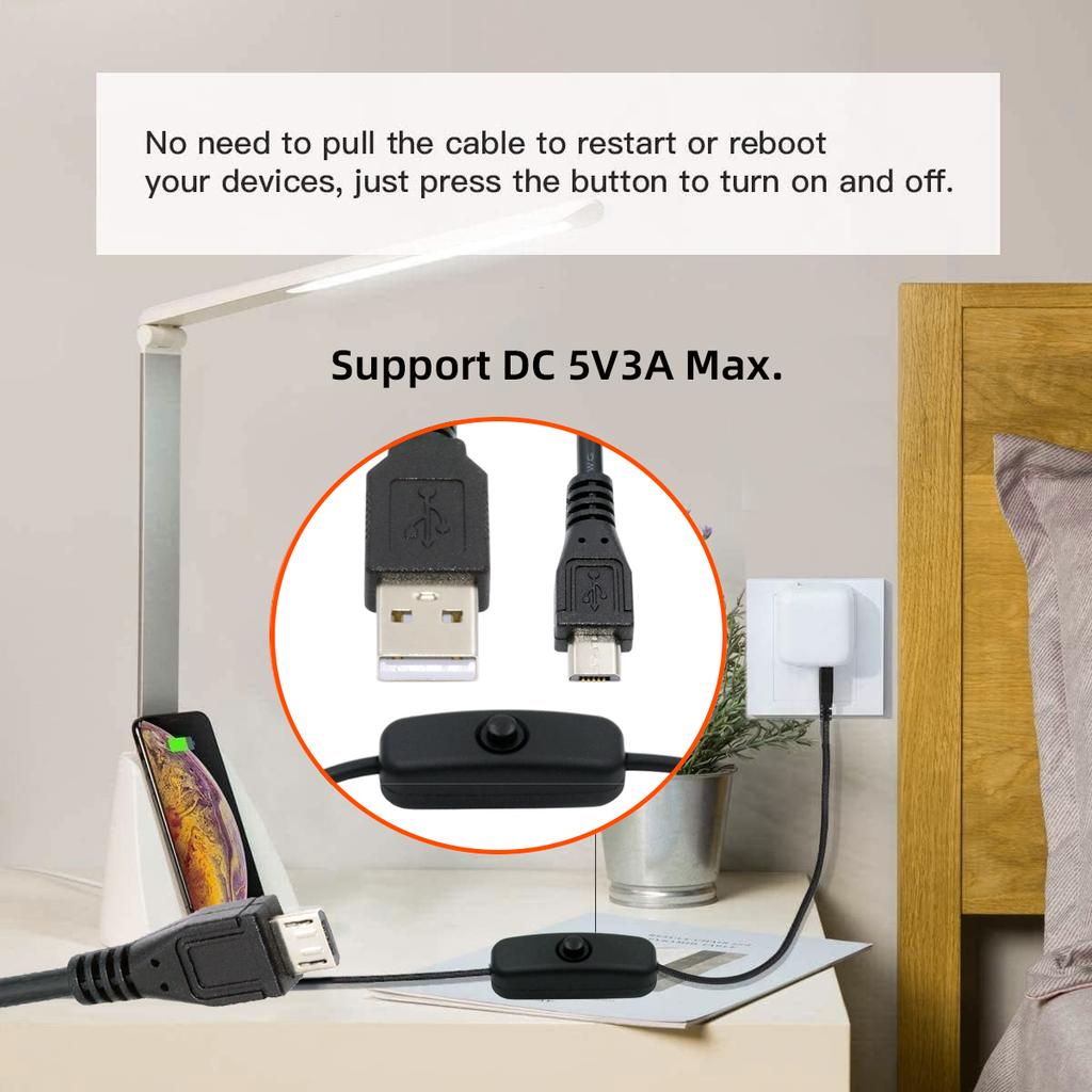 PW-015-MM 1.5m Micro USB Male to USB-A Male Cable with Power On/Off Button for DC5V Desk Lamp Fan Camera