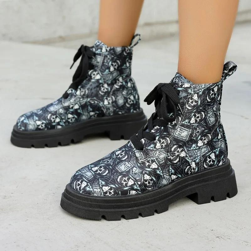 Ethnic Style New Platform Mid Heel Ankle Boot Women Round Toe Printed Lace-up Non-slip Thick Sole Motorcycle Boots Gothic Shoes