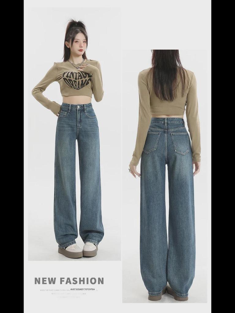 Damskie retro dżinsy z aksamitu z wysokim stanem i szerokimi nogawkami: Długość do podłogi, ciepły, luźny krój na jesień/zimę.