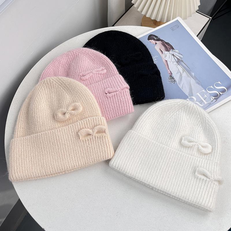 New double bow knitted hat women's autumn and winter sweet warm wool hat big head circumference show face small cold hat