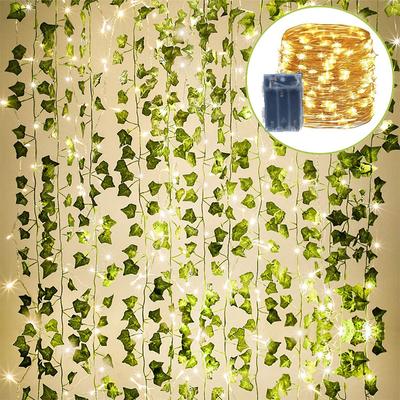 12er-Pack, 2 m, künstliche Efeugirlande, künstliche Pflanzen, Ranken-Hängegirlande mit 10 m 100 LED-Licht zum Aufhängen für die Dekoration von Zuhause, Hochzeit und Garten
