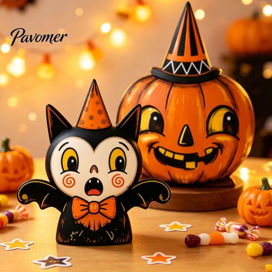 Rustic Style Ornament Set Wooden Halloween Ornaments, Retro Desktop Decorations for Home Table Tiered Decor Tray Decor, Pumpkin/Black Cat/Ghost/Bat