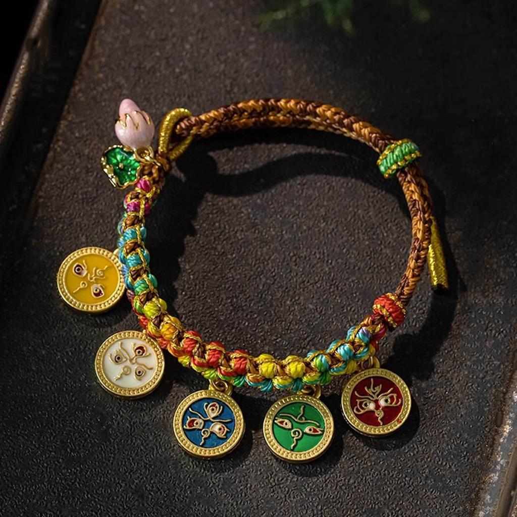 Colorful Rope Bracelet Tibetan Thangka Bangle Five Way God of Wealth Handchain National Wind Peach Knot Wristwear