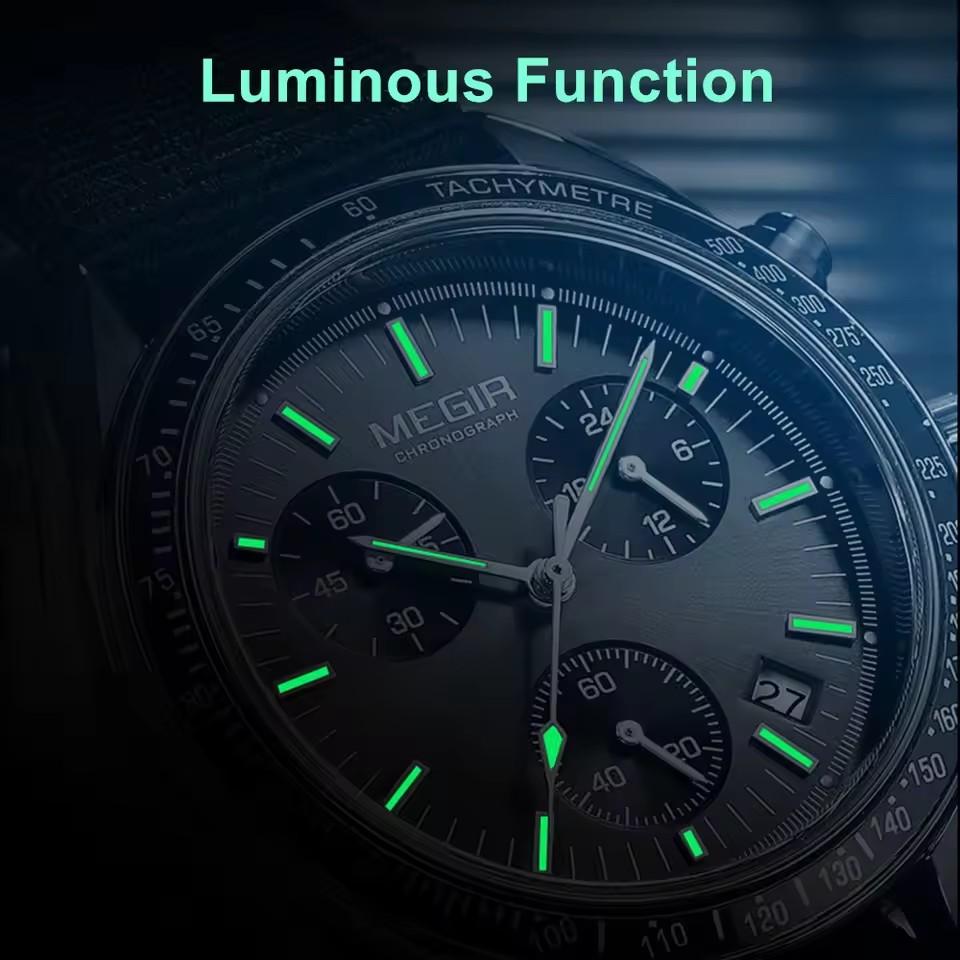 MEGIR 2247 Sport Neue Schwarze Uhr Chronograph Lässiges Leben Gewebtes Armband Quarz Wasserdichte Armbanduhr für Herren