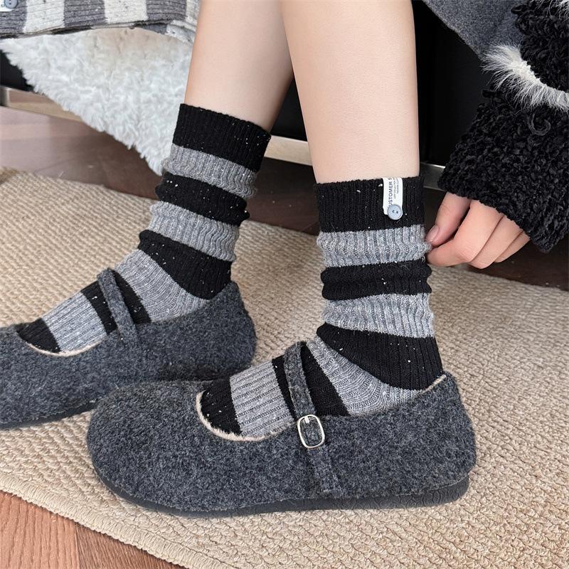 

Autumn and Winter Socks: Women s Striped, Thick Thread, Polka Dot Yarn, Button Fabric, Mid-calf Wool Socks, Pile Socks 1 pair