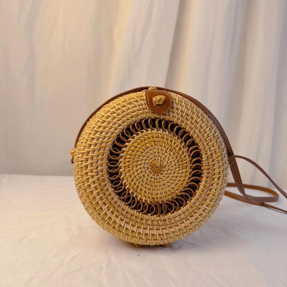 Ethnic Style Rattan Weave Bag Bohemian Round Crossbody Bag Retro Beach Bag  Picnic