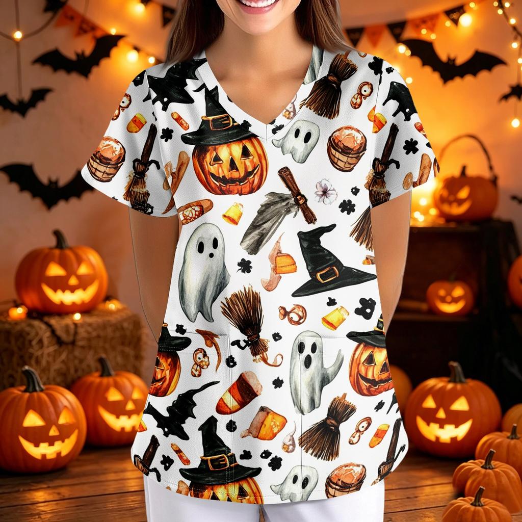 Women Halloween Print Loose V Neck Short Sleeve Medical Scrub Top with Pockets Nurse Uniform Work Shirt for Healthcare Professionals