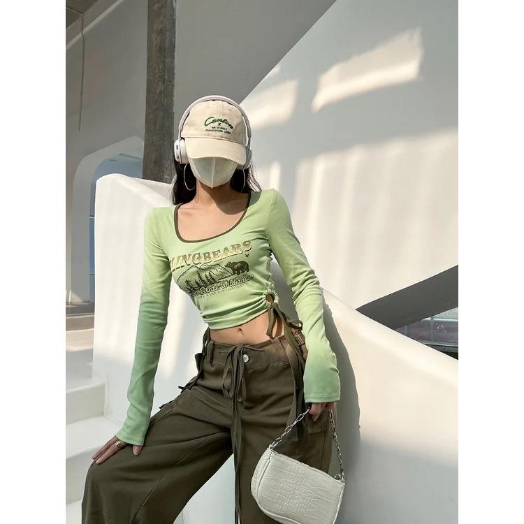 Print Long Sleeve Tshirts Women Long Sleeve Tunic Summer Tees Crop Tops Bandage Fashion Sexy Y2k T Shirts