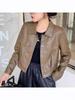 Women's Petite High-Waisted Short Leather Jacket for Autumn/Winter 2025: New Arrival Lapel Motorcycle Outerwear
