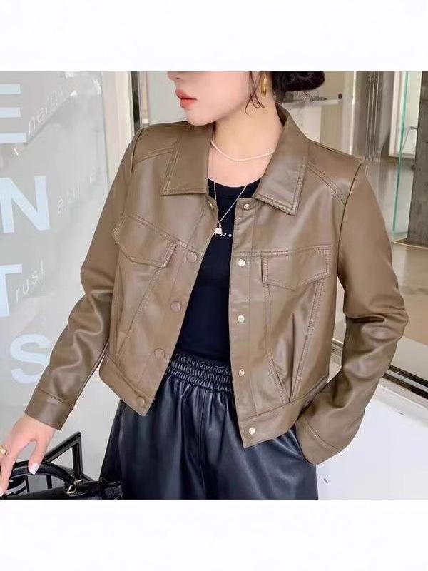 Women's Petite High-Waisted Short Leather Jacket for Autumn/Winter 2025: New Arrival Lapel Motorcycle Outerwear