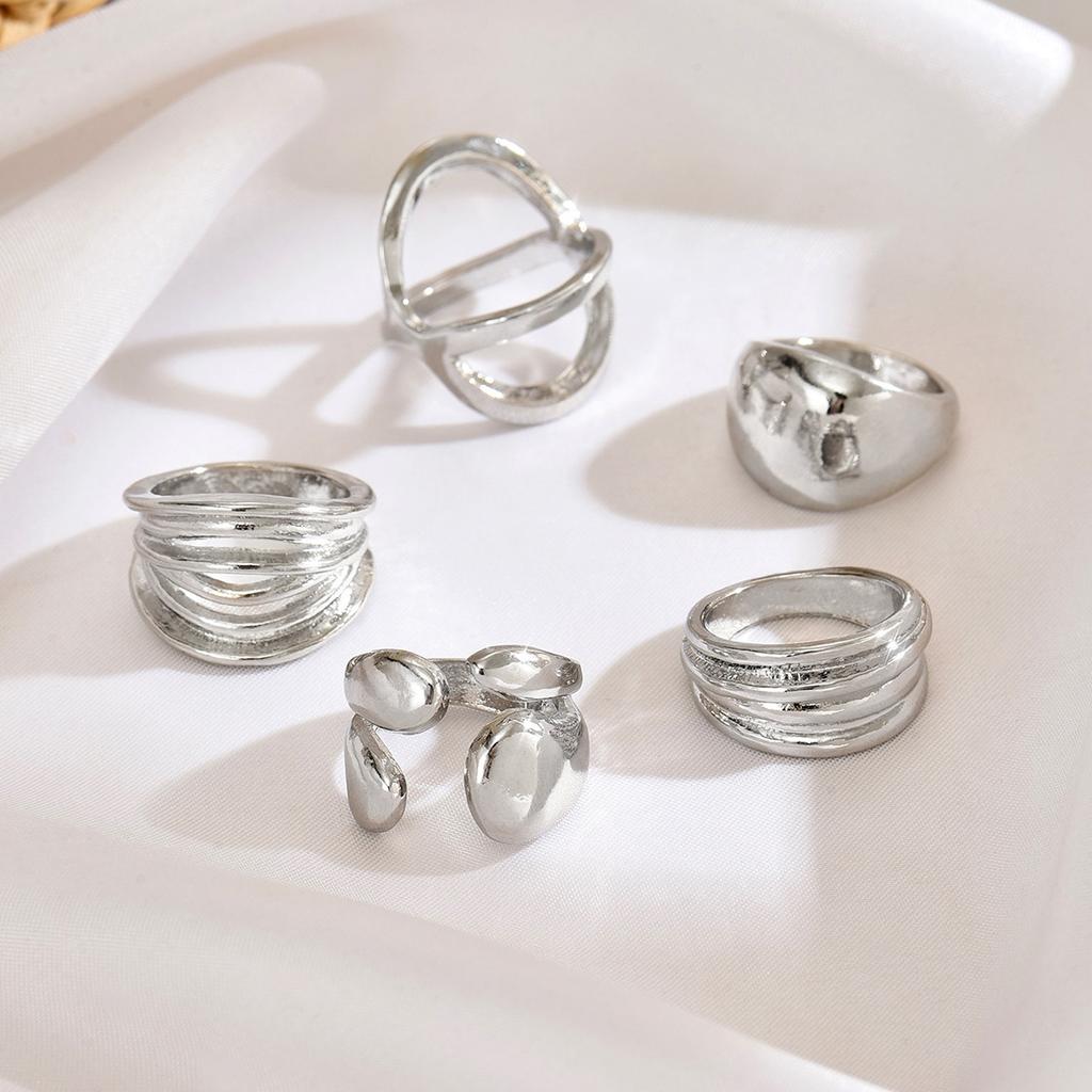 Trendy Multi-layer Winding Geometric Imitation Pearl Hollowed-out Cuff Rings Set for Women Metallic Minimalism Niche Chic Ring