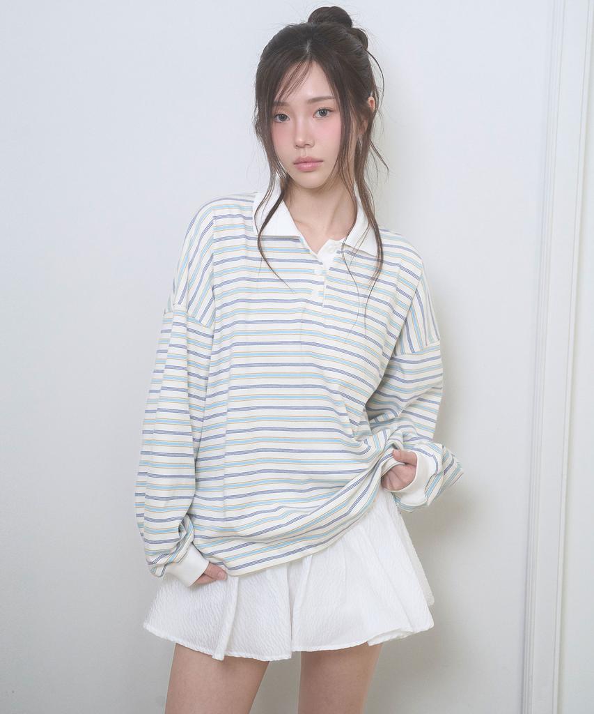 Limekeu Striped Oversized Collared T-Shirt Blue