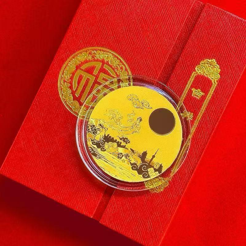 Mid-Autumn Festival Gold Foil Mooncake Ornament - Commemorative Crystal Coin Gift for Store Anniversaries