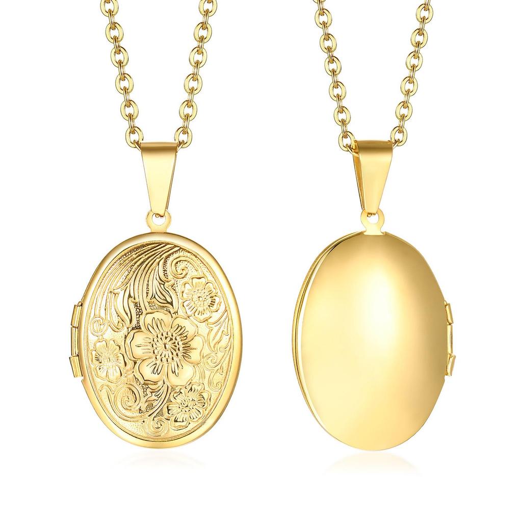 Collane Ciondolo Medaglione Cuore Ovale Floreale Delicato per Donna, Acciaio Inossidabile Cornice Foto Promessa Amore Ricordo Regalo