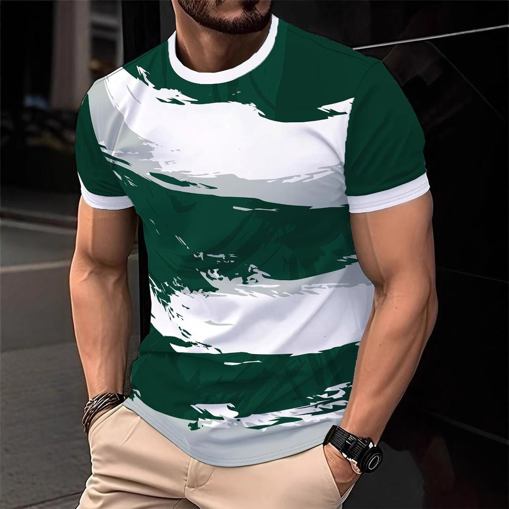 Summer Round Neck 3D Contrast Color Print Top Fashionable Casual Short Sleeved Men's T-shirts